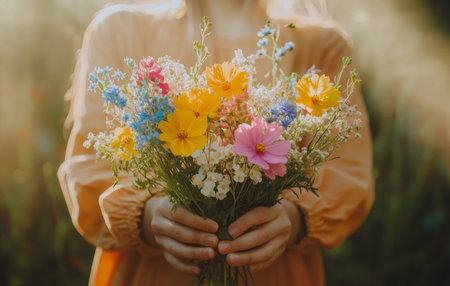 A person holding a vibrant bouquet of wildflowers stands among blooming plants in a garden. The warm sunlight highlights the colors of the flowers, creating a serene atmosphere.の素材