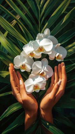 Delicate hands are cradling three white orchids, showing their elegance amidst lush green palm leaves. The contrast highlights the natural beauty and tranquility of the moment.の素材