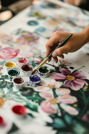 A person is carefully painting on a floral patterned canvas using various colors. Multiple small paint containers are organized nearby, showcasing a range of vibrant hues.の素材