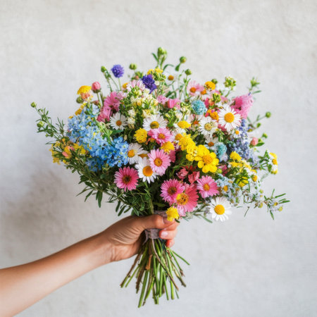 A hand displays a colorful bouquet filled with daisies, pink flowers, and blue blooms. The sunlight highlights the natural beauty of the wildflowers, creating a cheerful atmosphere.の素材
