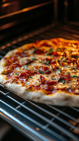 A delicious pizza with melted cheese, pepperoni slices, and fresh herbs baked in an oven. The golden crust and savory toppings create an inviting atmosphere in the kitchen.の素材