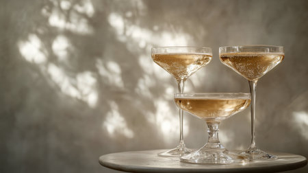 A beautiful arrangement of champagne glasses stacked to form a tower sits on a plate. The soft lighting creates delicate shadows against the wall, enhancing the festive atmosphere.の素材