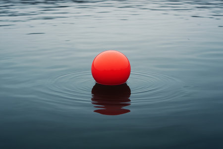 A bright red buoy bobs gently on the surface of calm water. Soft ripples spread from the buoy, reflecting early morning light and creating a serene atmosphere.の素材