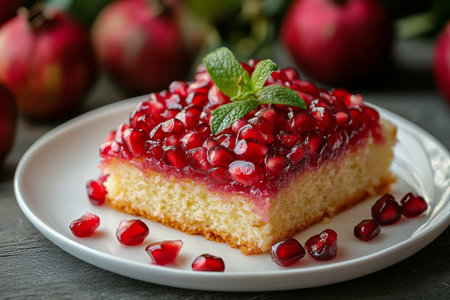 A tempting dessert features a soft cake layered with cream and adorned with vibrant pomegranate seeds and a sprig of mint, served on an elegant white plate against a dark background.の素材