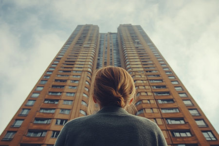 A person admires a towering skyscraper against a backdrop of a clear, blue sky sprinkled with clouds in a bustling city. The urban environment reflects modern architecture.の素材