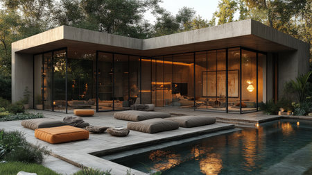 Nestled in lush greenery, this modern luxury villa features an open design with a pool, blending seamlessly with the surrounding misty mountains.の素材