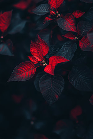 Vibrant red poinsettia flowers are illuminated by soft, warm lights in a magical winter setting, creating a cozy and inviting atmosphere during the holiday season.の素材