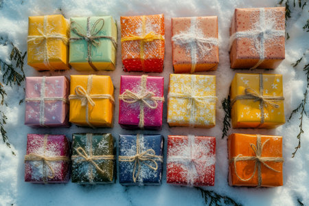 Various brightly colored gifts are neatly arranged in a grid on a bed of fresh, white snow, creating a festive atmosphere perfect for winter celebrations.の素材