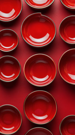 Bright red ceramic bowls of various sizes are artistically arranged on a bold red background, showing their glossy finish and intricate design details.の素材