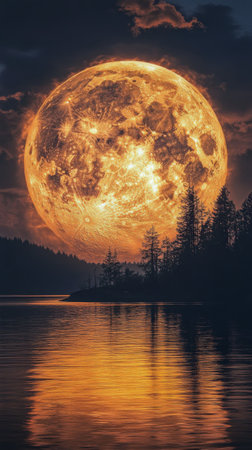 A large, vibrant sun dominates the sky, casting an orange glow over a rocky river. The serene landscape features clouds and silhouettes of trees, creating a mystical ambiance at twilight.の素材