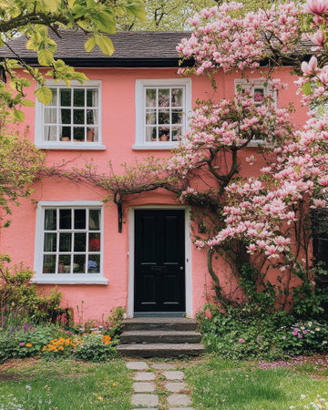 A lovely pink house with white trim features large windows surrounded by blooming magnolia trees and colorful spring flowers. The vibrant colors create a welcoming atmosphere.の素材