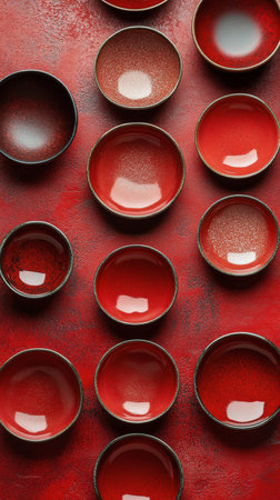Bright red ceramic bowls of various sizes are artistically arranged on a bold red background, showing their glossy finish and intricate design details.の素材