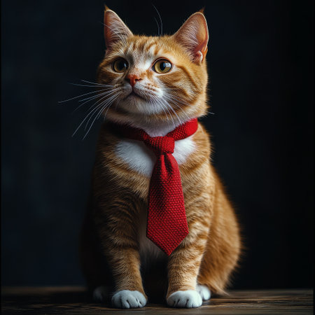 An orange tabby cat sits upright wearing a bright red tie. The feline gazes confidently forward with fluffy fur visible in low light, creating an engaging and sophisticated atmosphere.の素材