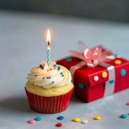 A vibrant cupcake topped with mint frosting and a lit candle sits next to a red gift box wrapped with a ribbon on a gray table. Perfect for birthdays or celebrations.の素材