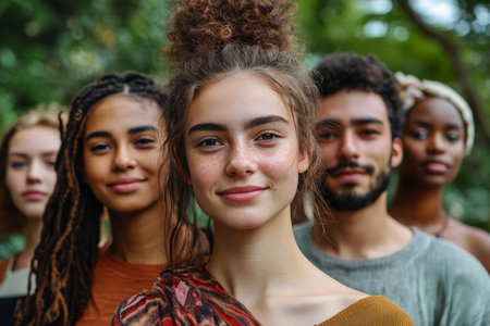 Friends stand in a row outdoors, showing diverse features and styles. They wear colorful scarves, enjoying a moment of connection in a vibrant natural setting.の素材