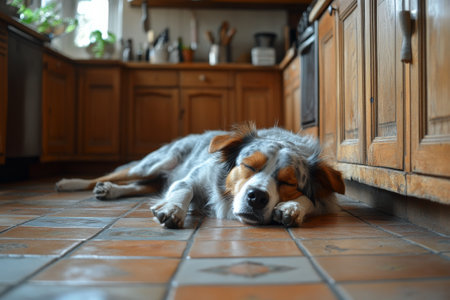 A dog lies comfortably on a tiled floor in a warm kitchen, surrounded by wooden cabinets and kitchen appliances. The relaxed atmosphere invites comfort and homeliness.の素材