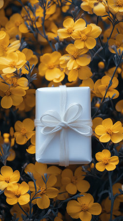 A white gift box tied with a ribbon is nestled among bright yellow flowers under natural daylight, creating a cheerful and inviting atmosphere perfect for celebrations.の素材