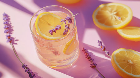 A glass of lavender lemonade sits elegantly on a bright surface, adorned with fresh lemon slices and sprigs of lavender. The warm light casts soft shadows, enhancing the colors.の素材