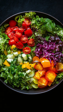 A vibrant salad is created with diced tomatoes, cucumbers, bell peppers, onions, and fresh herbs. The mix is served in a sleek black bowl, showing a variety of colors and textures.の素材
