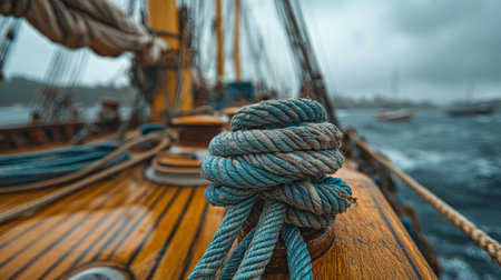 Coiled yellow rope rests on the deck of a sailing vessel as it glides through calm waters, surrounded by towering mountains under an evening sky.の素材