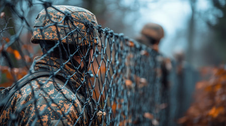 A close-up of a black netting structure extends along a forest path, surrounded by fallen leaves in warm autumn colors. The soft light enhances the tranquil atmosphere.の素材