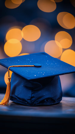 A graduation cap sits on a wooden surface, surrounded by a blurred backdrop of trees displaying autumn colors. This moment captures the essence of academic achievement and celebration.の素材