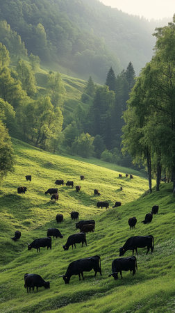 Herds of cattle graze on expansive green pastures in a serene valley, framed by gentle hills and trees under soft morning light.の素材