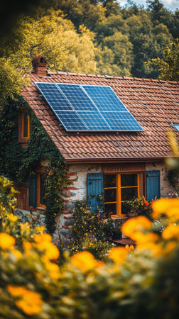 A charming stone house features a rooftop covered in solar panels, surrounded by a lush flower garden and greenery on a sunny day. The entrance is welcoming with stone steps and vibrant blooms.の素材