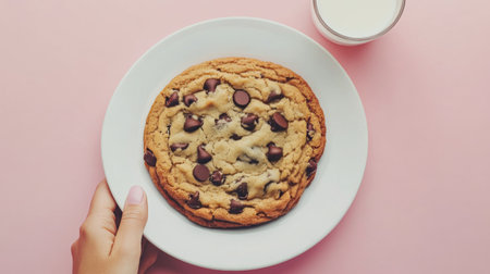 A freshly baked chocolate chip cookie sits on a white plate as a hand reaches for a glass of milk. The soft pink background adds a warm and inviting touch to the setting.の素材