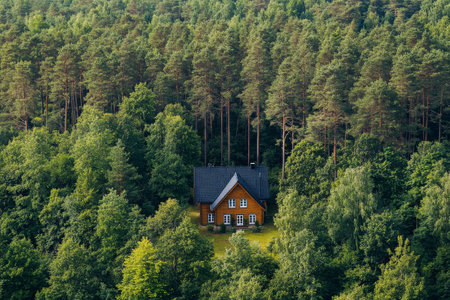 A quaint wooden cabin stands in the heart of a dense forest. Tall trees surround the structure, casting shadows as dusk settles in, creating a serene and magical atmosphere.の素材