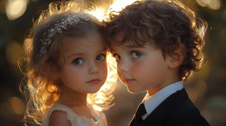 A mother and her young child share a tender moment, touching foreheads with smiles, illuminated by gentle light in a cozy setting.の素材