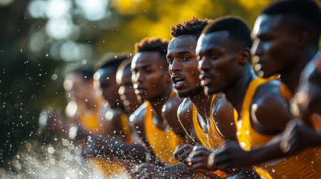 Athletes are racing forward on a wet track, demonstrating strength and determination in an outdoor stadium during a competitive track event under rainy conditions.の素材