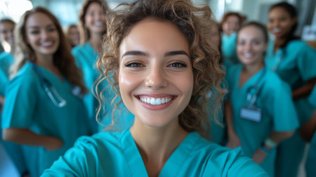 Six healthcare workers wearing scrubs pose for a cheerful selfie, showcasing their camaraderie and joyful spirit while in a brightly lit indoor setting.の素材