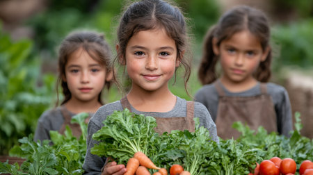 A cheerful young girl stands proudly in a vibrant garden, holding freshly harvested vegetables. Her siblings are in the background, enhancing the lively atmosphere of the moment.の素材