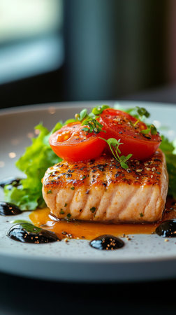 Slices of ripe red tomatoes are arranged over crisp lettuce, garnished with herbs and pepper. This refreshing dish is perfect for a light and healthy lunch.の素材