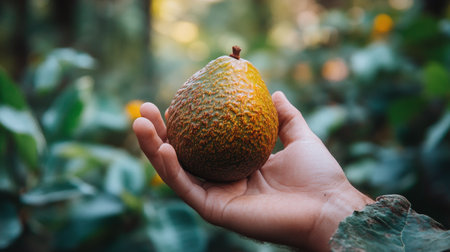 A person is holding a ripe avocado in hand, showing its dark, textured skin. The background features vibrant green leaves, indicating a natural setting.の素材