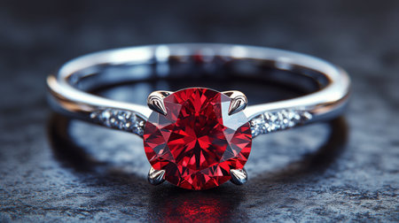 A beautifully crafted ring featuring a large, vivid ruby at the center, surrounded by sparkling accents, displayed on a contrasting dark background.の素材