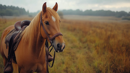 A brown horse wearing a saddle stands in the rain at a ranch, with several other horses grazing in the blurred background, showcasing a tranquil countryside atmosphere.の素材