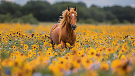 A brown horse runs freely across a bright field filled with golden flowers. Rolling hills in the background create a serene and picturesque setting during sunny weather.の素材