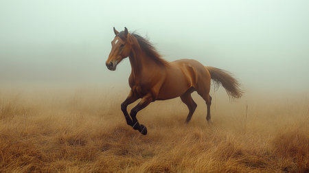 A horse stands in tall golden grass as the sun rises in a serene landscape. The warm light illuminates the fields and distant hills, creating a tranquil morning atmosphere.の素材