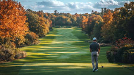 A golfer prepares to take a swing on a lush green course overlooking the ocean. The sun shines brightly, highlighting the natural beauty of the coastal terrain.の素材