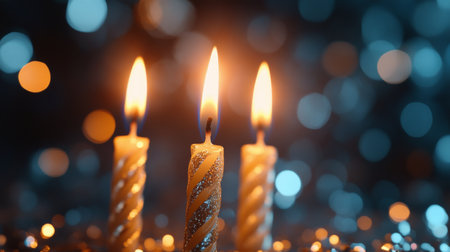 Three candles flicker gently on a sparkling surface, creating a warm, inviting atmosphere for an evening gathering filled with elegance and warmth.の素材