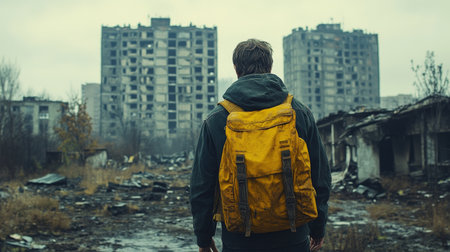 A lone figure stands in a ruined urban area, gazing at dilapidated buildings engulfed in fog. The atmosphere is haunting and still, creating a sense of isolation.の素材