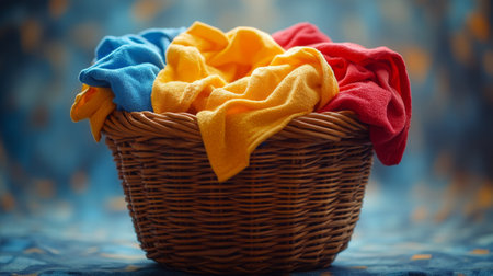 A wicker basket holds an assortment of colorful towels, including blue, red, and yellow, creating a cheerful atmosphere in a well-lit room with a cozy rug.の素材