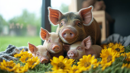 A mother pig and her three piglets relax among bright sunflowers in a cozy indoor area, showing their playful nature and bond while enjoying the warmth of the space.の素材