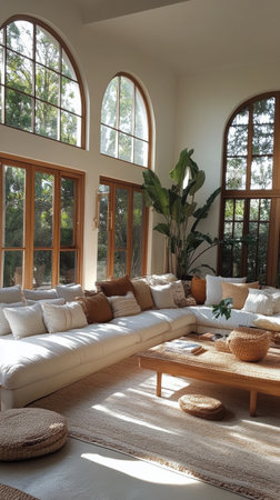 A bright living room features a large white sectional sofa adorned with neutral pillows. Large windows let in natural light, complementing the indoor plants and wooden decor.の素材