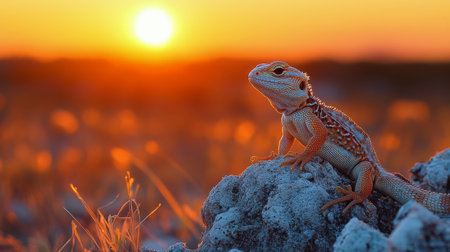 A bearded dragon rests on a rock while the sun sets in the background, creating a stunning view with warm colors and a peaceful atmosphere in nature.の素材