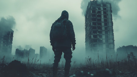 A lone figure stands in a ruined urban area, gazing at dilapidated buildings engulfed in fog. The atmosphere is haunting and still, creating a sense of isolation.の素材