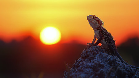 A bearded dragon rests on a rock while the sun sets in the background, creating a stunning view with warm colors and a peaceful atmosphere in nature.の素材
