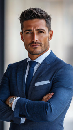 A well-dressed man stands confidently with his arms crossed outside a modern building. He wears glasses and a tailored suit, exuding professionalism and poise.の素材